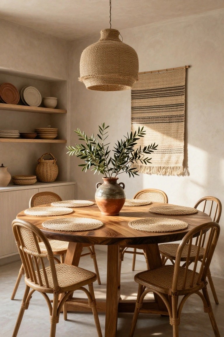 A sunlit dining area with a round wooden table surrounded by six rattan chairs, woven placemats on the table, a terracotta vase of olive branches as centerpiece, open shelves holding pottery and baskets, a large braided rattan pendant light overhead, and a woven tapestry on the wall.