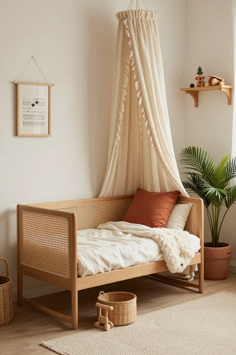 A low rattan daybed with white bedding, orange and white pillows, and a sheer fringed canopy in a light nursery room with wooden toys, a potted palm, and shelves on white walls.