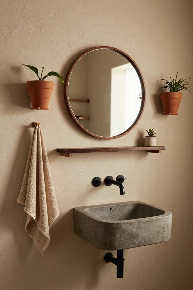 Beige textured bathroom wall with round wooden-framed mirror, wooden shelf holding small potted plant, wall-mounted terracotta pots with greenery, folded beige towel on wooden hook, square gray concrete wall-mounted sink with black faucet and drainpipe.