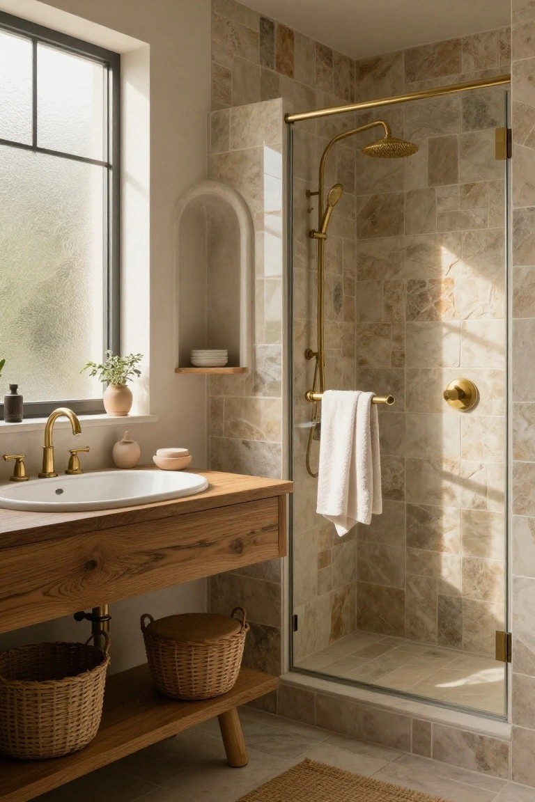Bathroom interior with a rustic wooden vanity supporting a white oval sink and brass faucet, adjacent glass shower enclosure with gold fixtures and handheld sprayer, light beige stone tile walls and floor, potted plants on windowsill, and wicker baskets under vanity.