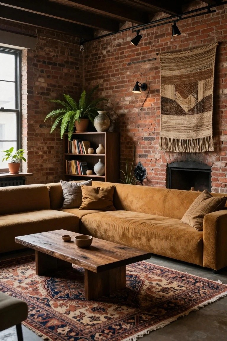 Living room corner with L-shaped burnt orange velvet sofa, rustic wooden coffee table with bowls, exposed brick walls, wooden bookshelves holding books and pottery, potted plants, woven tapestry, and black fireplace.