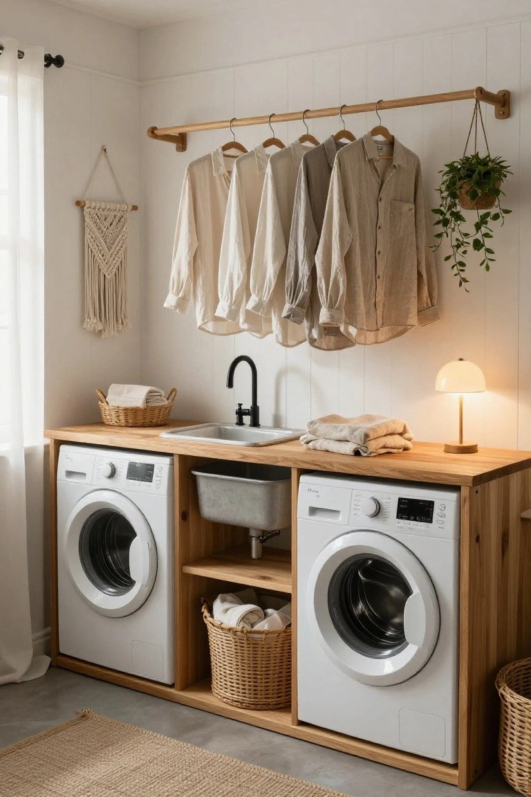 Laundry room with two white front-loading washers and dryers integrated into wooden cabinets, wooden countertop with double sink and black faucet, hanging beige shirts on wooden rod above, potted plant, macrame wall hanging, wicker baskets, and lamp.