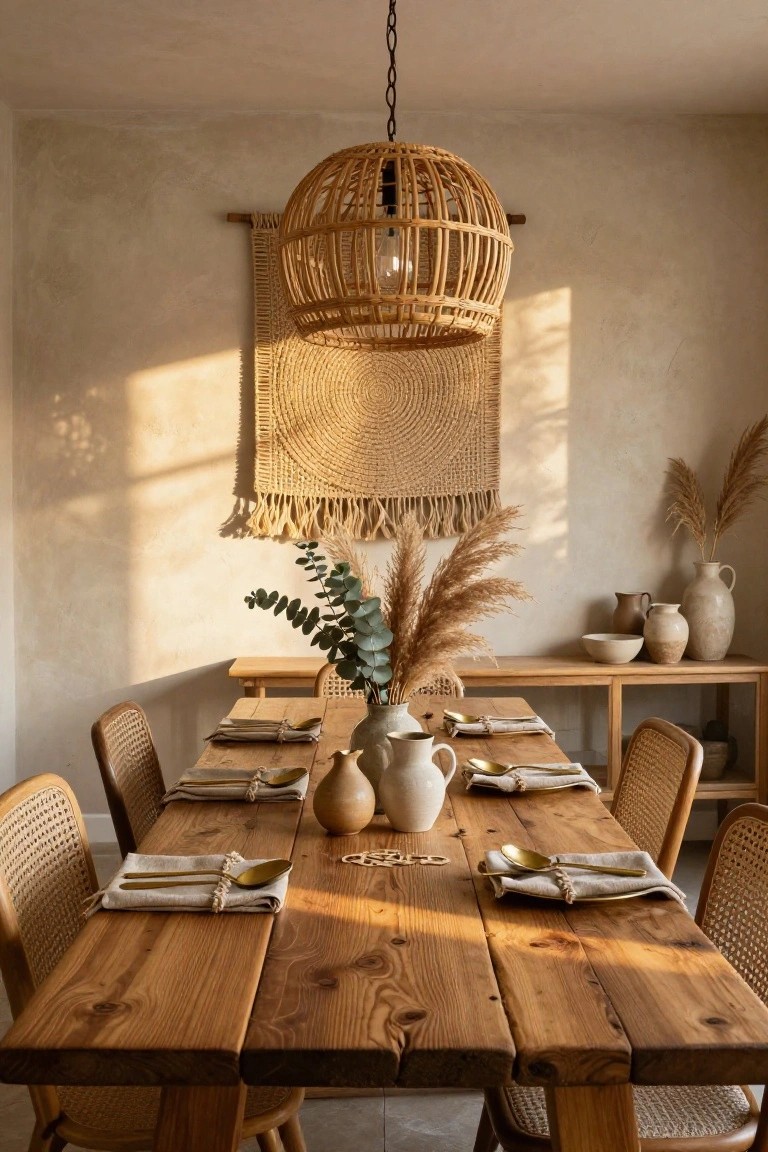 Dining room with rectangular wooden table set with gold utensils, linen napkins, and place settings, surrounded by rattan chairs, under a large woven rattan pendant light, macrame wall hanging, pampas grass in vases, and ceramic pots on beige walls.