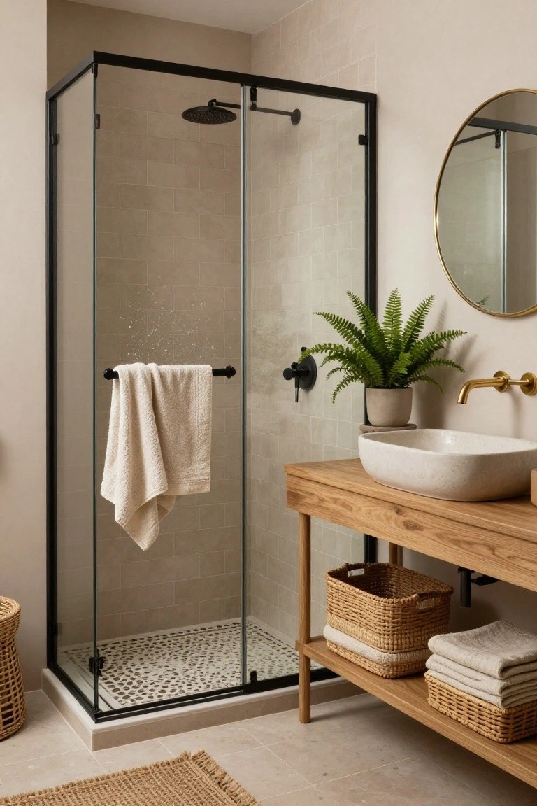 Bathroom interior with black-framed glass shower enclosure on pebble tile floor, wooden vanity holding white vessel sink and brass faucet, woven baskets with towels underneath, fern plant, and round gold mirror.