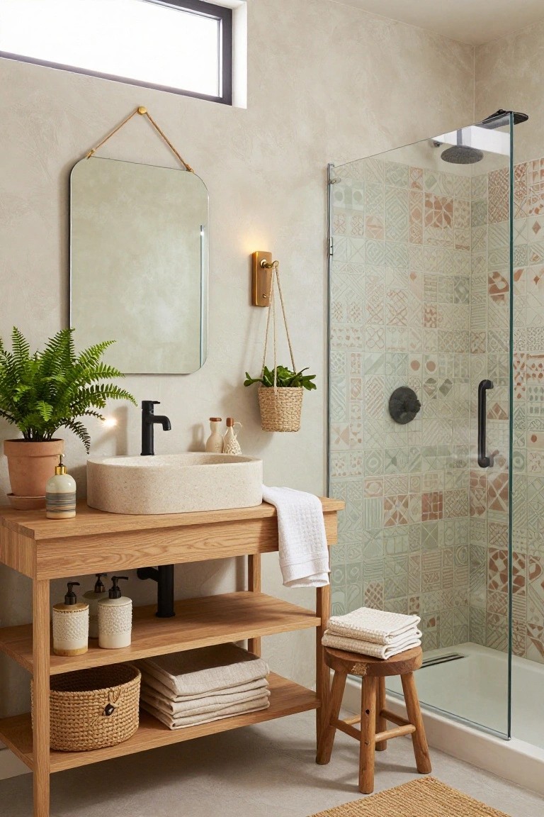 A modern boho bathroom with an open oak wood vanity holding a round stone sink, flanked by plants in terracotta pots, a glass shower enclosure with colorful patterned tiles, a wall-mounted mirror, and a wooden stool nearby.