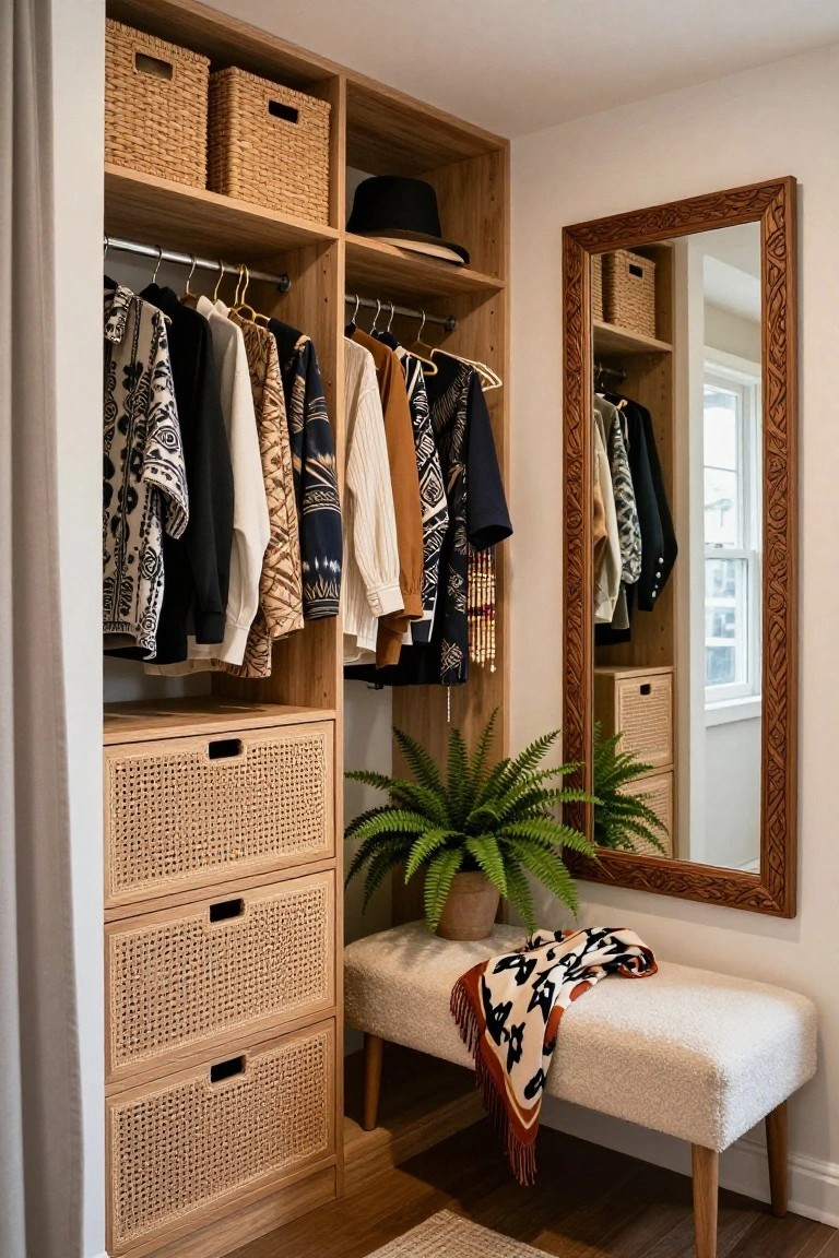 Walk-in closet with light wood open shelving and cabinets, rattan drawer fronts and baskets, hanging patterned clothes, potted ferns, cream upholstered bench with draped scarf, and carved wood full-length mirror.