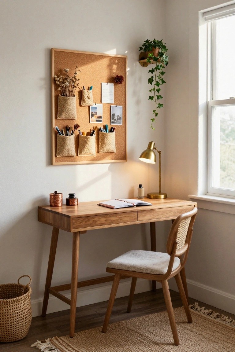 Home office corner with wooden desk, rattan chair, open notebook, gold desk lamp, corkboard wall pinned with photos and notes plus hanging woven baskets for supplies, ivy plant in pot, and beige walls with window light.
