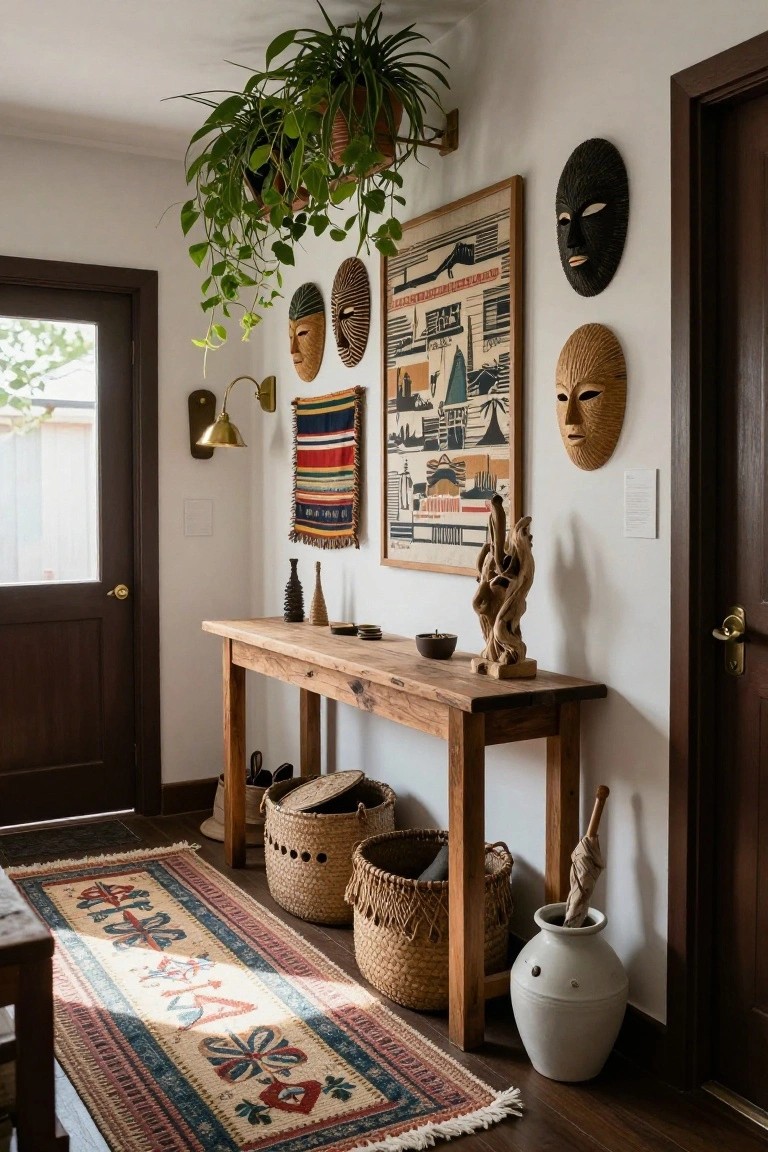 White-walled entryway with wooden console table topped by vases, ceramics, wood sculpture, and incense holder, flanked by woven baskets for shoes, wall-hung masks and art, hanging plant, brass lamp, colorful runner rug, and doors to adjacent rooms.