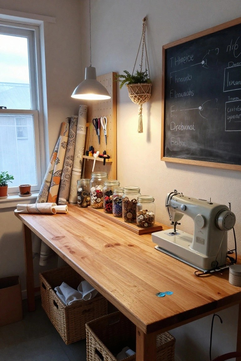 Wooden worktable in a sewing craft room holding glass jars filled with colorful buttons and beads, a sewing machine, wicker baskets with fabric, leaning fabric rolls, plants, and a nearby blackboard with handwritten notes.
