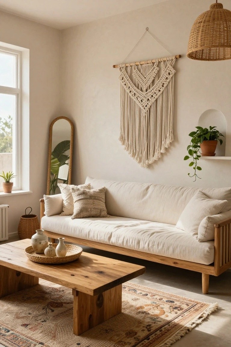 A light beige living room with a large white macrame wall hanging, arched floor mirror, linen sofa with pillows, wooden coffee table holding ceramics and a basket, potted plants, woven pendant light, and a patterned rug.