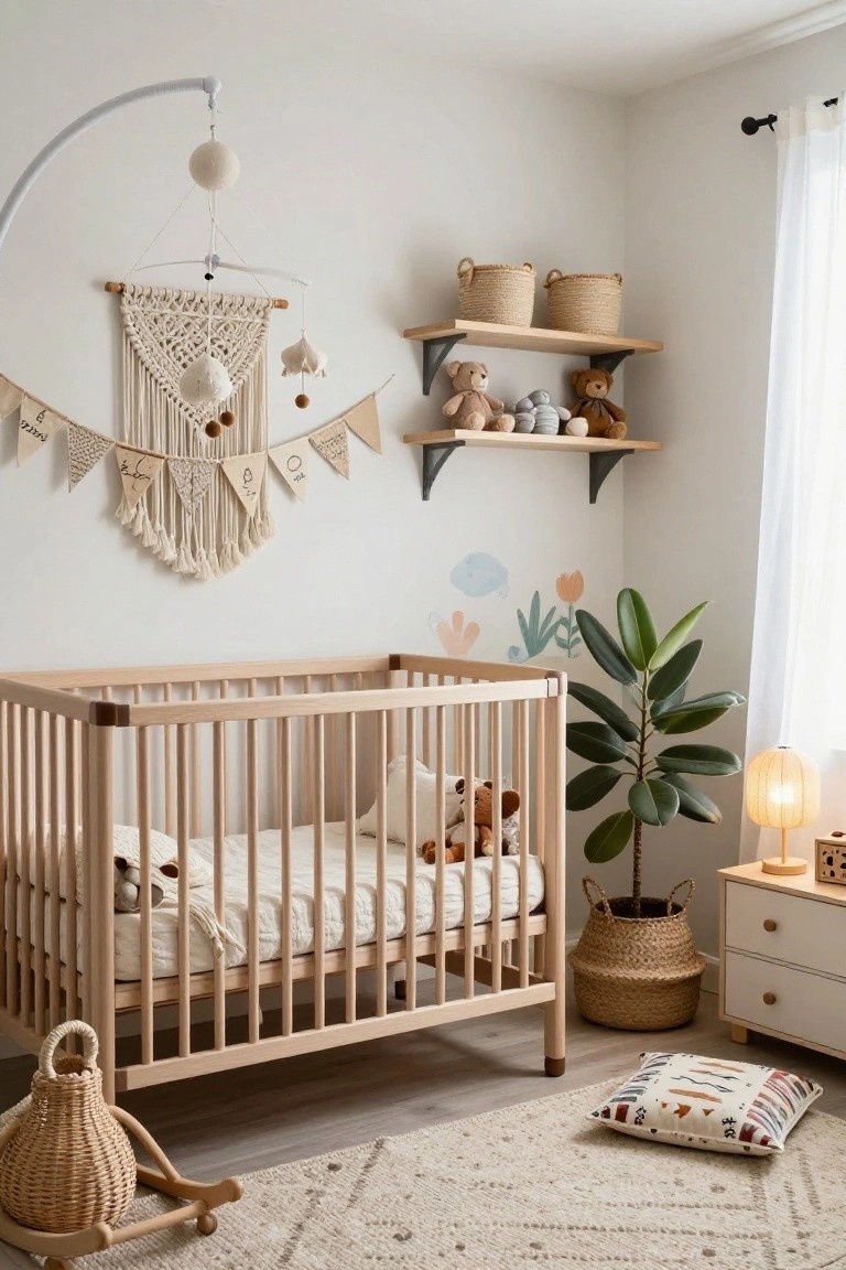 A nursery room with a light wood crib, macrame wall hanging and garland, floating shelves holding teddy bears and wicker baskets, potted plant, lamp on a low dresser, and woven rug on the floor.