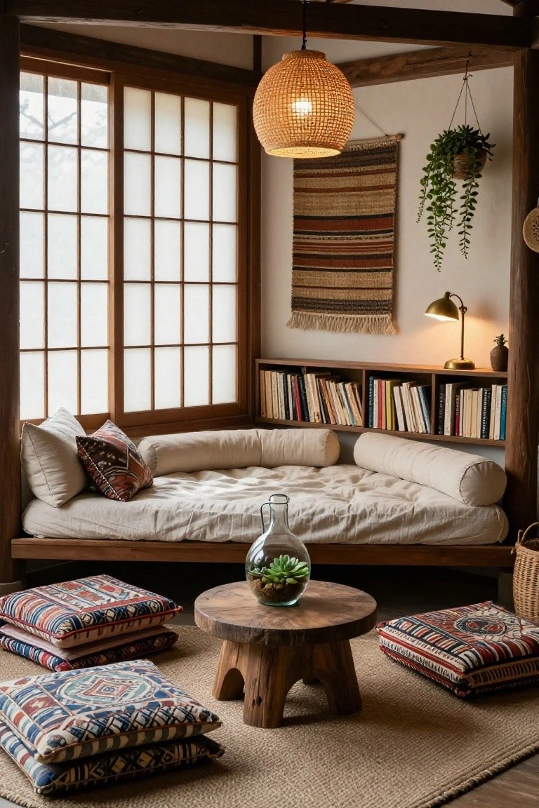 Indoor alcove with shoji screen windows, built-in wooden bookshelves filled with books, low beige futon daybed with pillows and bolsters, colorful floor cushions, wooden low table with glass terrarium plant, hanging rattan lamp, and woven wall hanging.