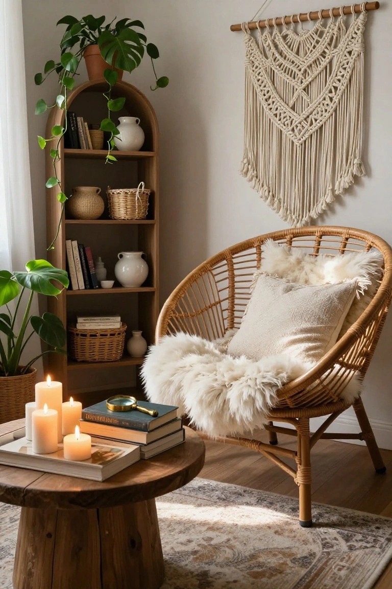 Cozy indoor reading corner with curved rattan armchair covered in white sheepskin throw and pillows, wooden arched bookshelves with plants and books, macrame wall hanging, potted monstera, and round wooden table with lit candles and books on beige rug.