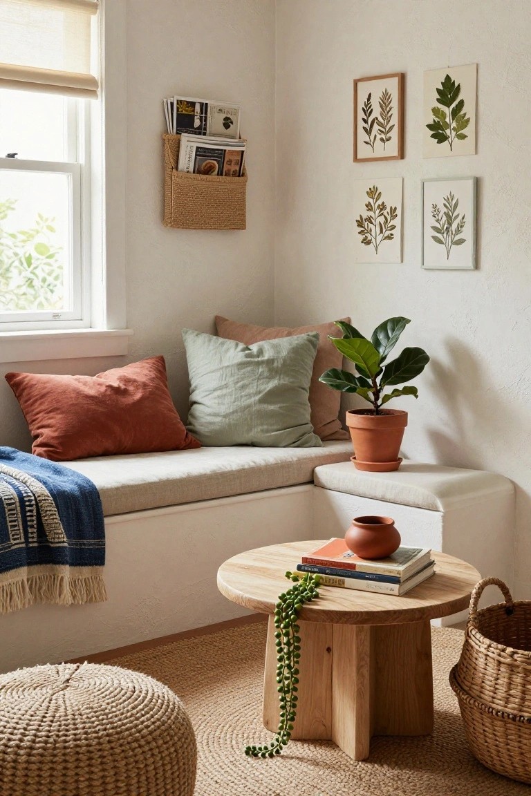 Indoor corner with built-in white bench topped by rust, sage, and peach cushions and blue woven throw, low round wooden table holding books and trailing green plant, terracotta ficus pot, woven pouf stool and basket, leaf wall art, beside window with beige blinds.