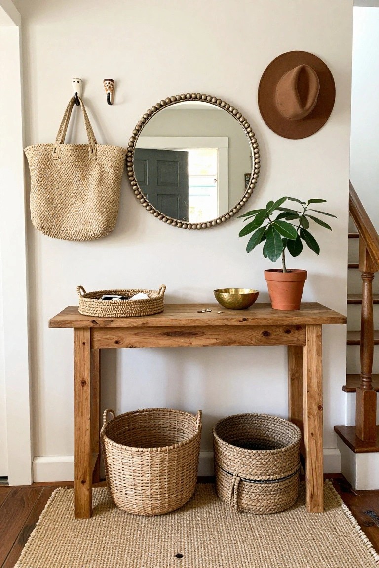Wooden console table in a light entryway with woven baskets underneath, round beaded mirror on wall, hanging straw bag, potted plant in terracotta pot, gold bowl, and seagrass rug by stairs.