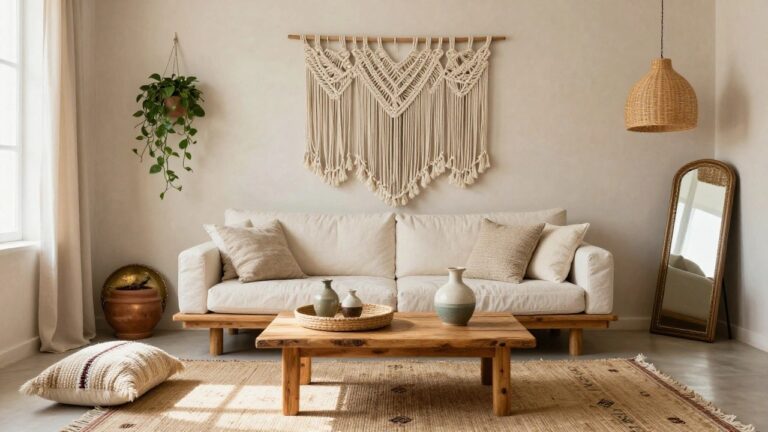 22 Inspiring Boho Interior Design Ideas To Refresh Your Entire Space A light beige living room with a large white macrame wall hanging, arched floor mirror, linen sofa with pillows, wooden coffee table holding ceramics and a basket, potted plants, woven pendant light, and a patterned rug.