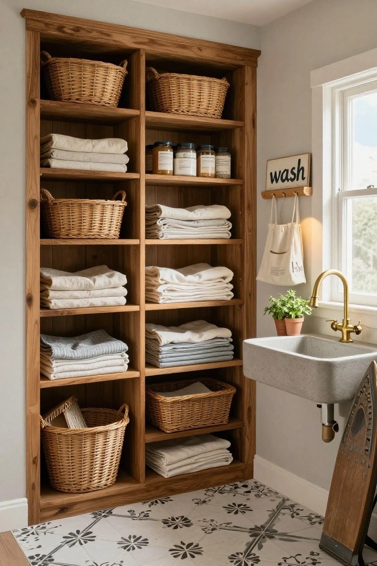 Tall wooden open bookshelf with wicker baskets and stacks of folded white and gray linens beside a white farmhouse sink and gold faucet in a light gray laundry room with black and white patterned floor tiles.