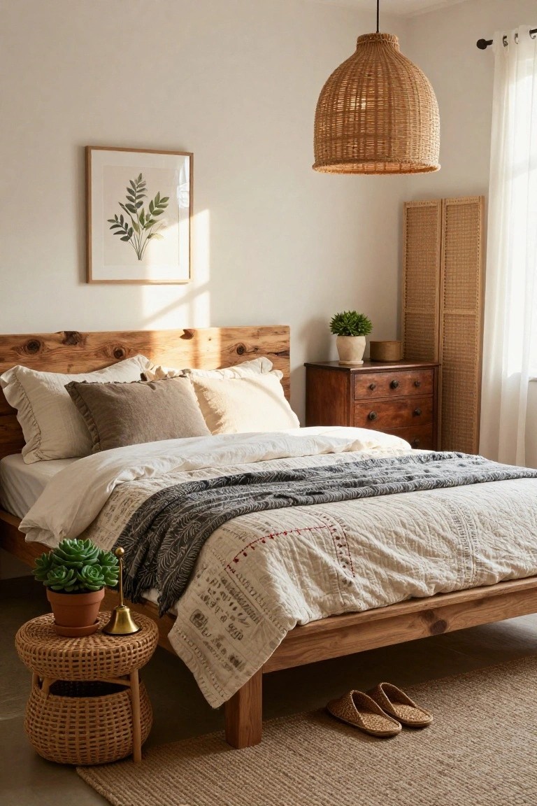 Bedroom with wooden platform bed featuring live-edge headboard, layered beige and white pillows and duvet with gray knit throw, rattan pendant light overhead, wicker side table holding potted succulents and brass bell, wooden dresser, bamboo screen divider, and seagrass rug on floor.