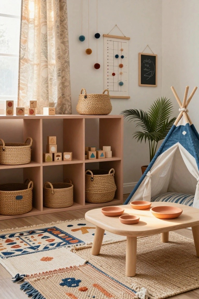A bright children's playroom with pink open shelving stocked with wooden blocks and toys in seagrass baskets, a low wooden table holding terracotta bowls, colorful patterned rugs, a blue fabric teepee tent next to a potted plant, and hanging decor on white walls.