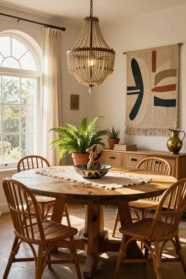 Sunlit dining room with round live-edge wooden table, four rattan chairs, beaded chandelier overhead, large woven wall hanging, potted plants, wooden sideboard, and brass pitcher.