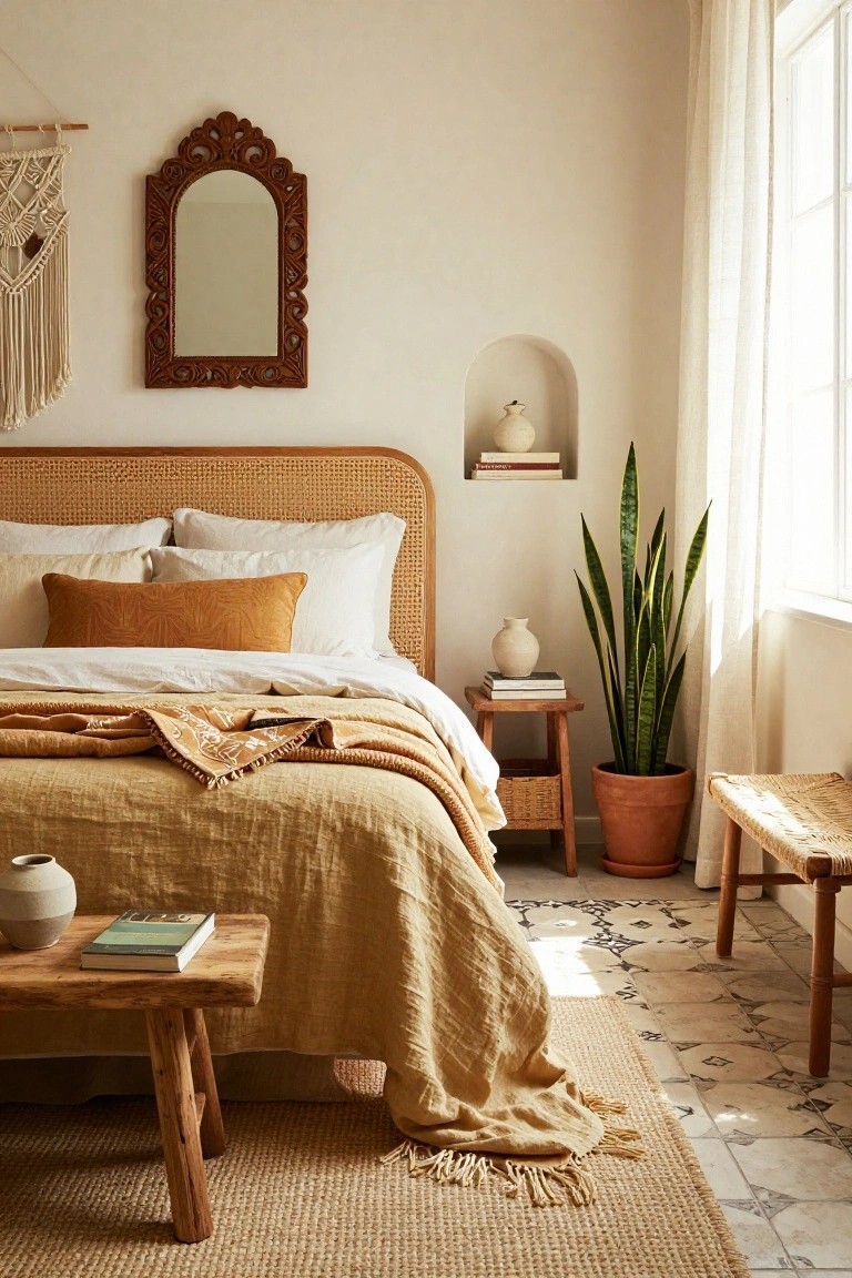 Boho bedroom interior with rattan headboard on a bed dressed in white sheets, mustard pillows and throw, wooden bench and nightstand, potted snake plant, macrame wall hanging, and arched wall niche.