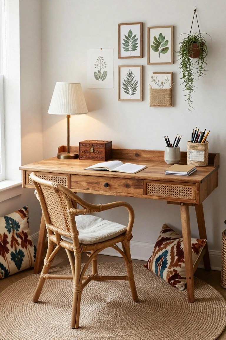 Wooden desk with cane-fronted drawers and open notebook on top, rattan armchair with white cushion, desk lamp, wooden box, potted plant, and botanical prints on white wall in bright room with pillows on floor.
