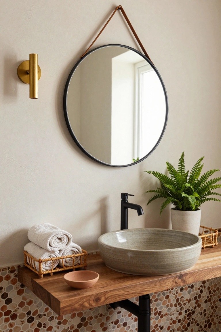Bathroom vanity on a floating wooden shelf with gray ceramic vessel sink, black faucet, woven basket holding rolled white towels, small terracotta bowl, potted fern plant, round black mirror hung by leather strap, gold wall sconce, and terracotta tile backsplash.
