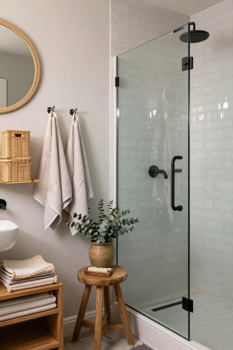 Corner view of a bathroom with white subway tile walls, frameless glass shower enclosure with matte black fixtures, rattan mirror, two hanging beige towels, woven basket on shelf, sink area with folded linens on wood shelf, wooden stool holding soap dish, potted eucalyptus plant, and beige bath mat.