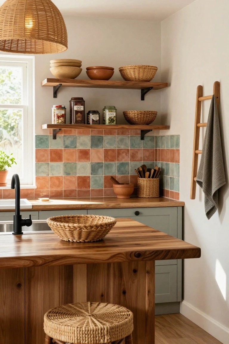 Kitchen interior with wooden open shelves holding woven baskets, jars, and bowls, a colorful blue and orange tiled backsplash, wooden island topped with a wicker basket and paired with rattan stools, black faucet sink, and rattan pendant light.