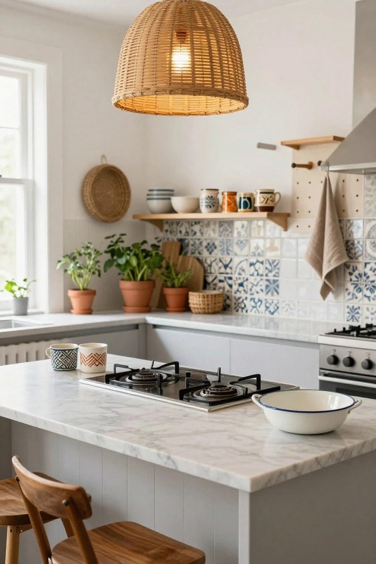 A boho kitchen with a large glowing woven rattan pendant light suspended over a white marble island countertop, blue patterned tile backsplash, potted plants, wooden stools, and assorted ceramics on open shelves.