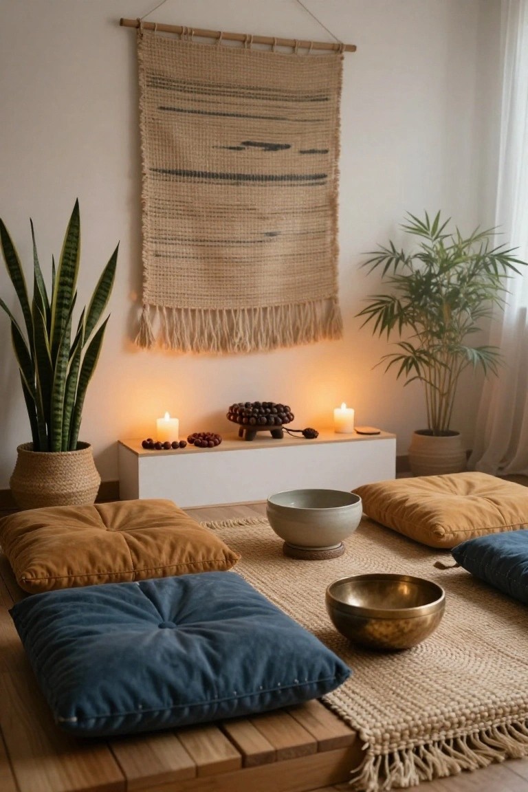 Indoor boho meditation nook with orange and blue floor cushions on a beige rug, brass singing bowl, gray ceramic bowl, low white shelf with candles and pinecones, potted snake plant and areca palm, and woven wall hanging.
