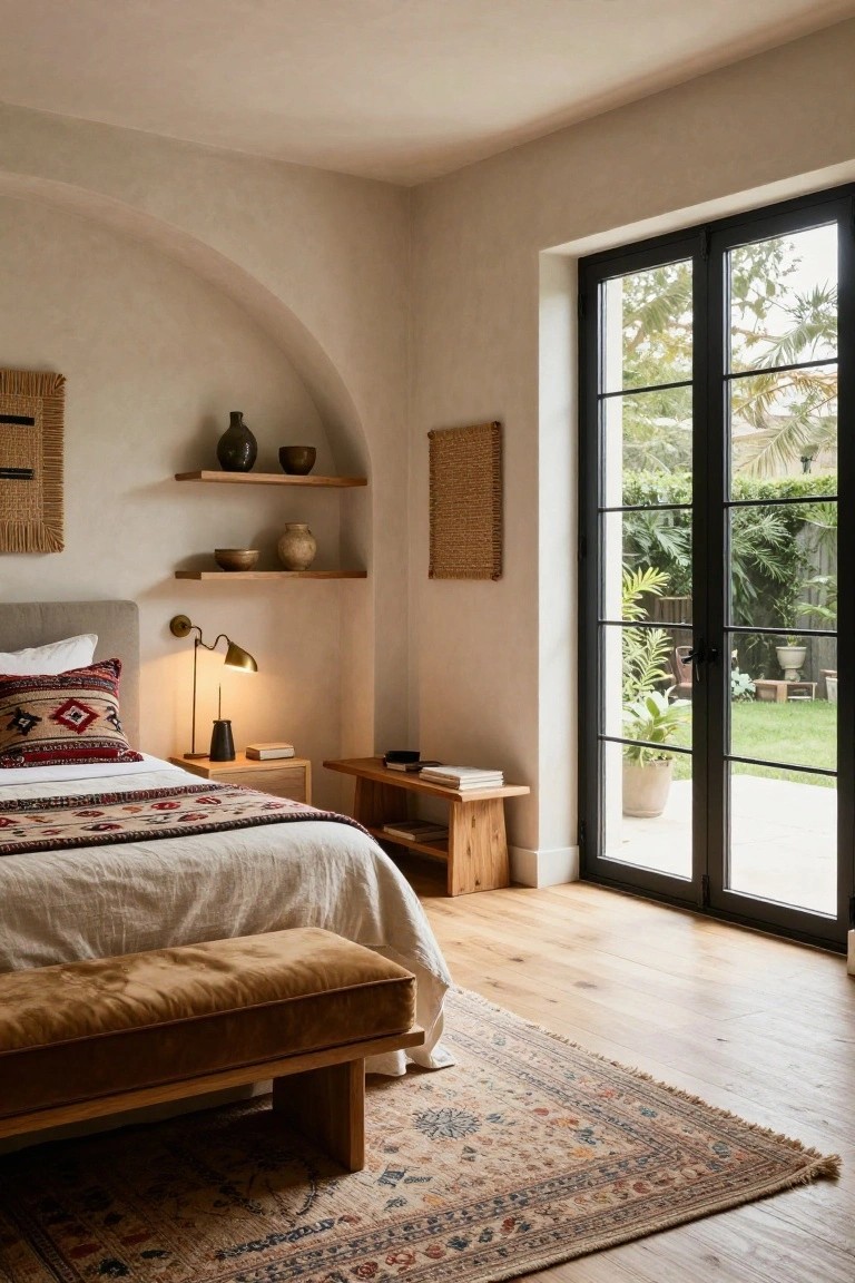 Bedroom corner with beige curved wall niche and floating shelves holding ceramic pots, bowls, and woven wall hangings, next to a bed with patterned pillows and duvet, wooden bench, and black-framed glass doors to backyard garden.