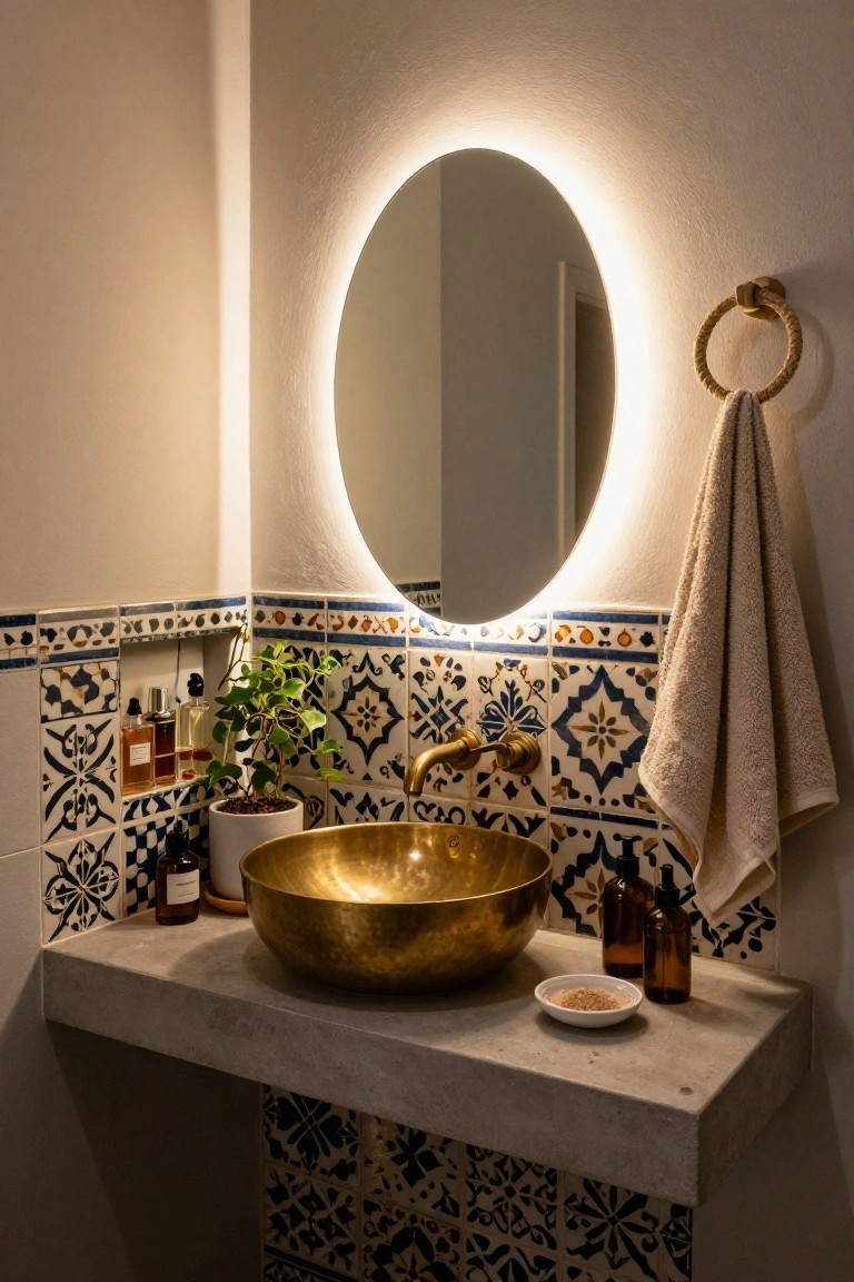 Bathroom corner with a round backlit mirror, brass vessel sink on concrete countertop, blue and white patterned tiles on walls, plants, bottles, and a towel on a hook.