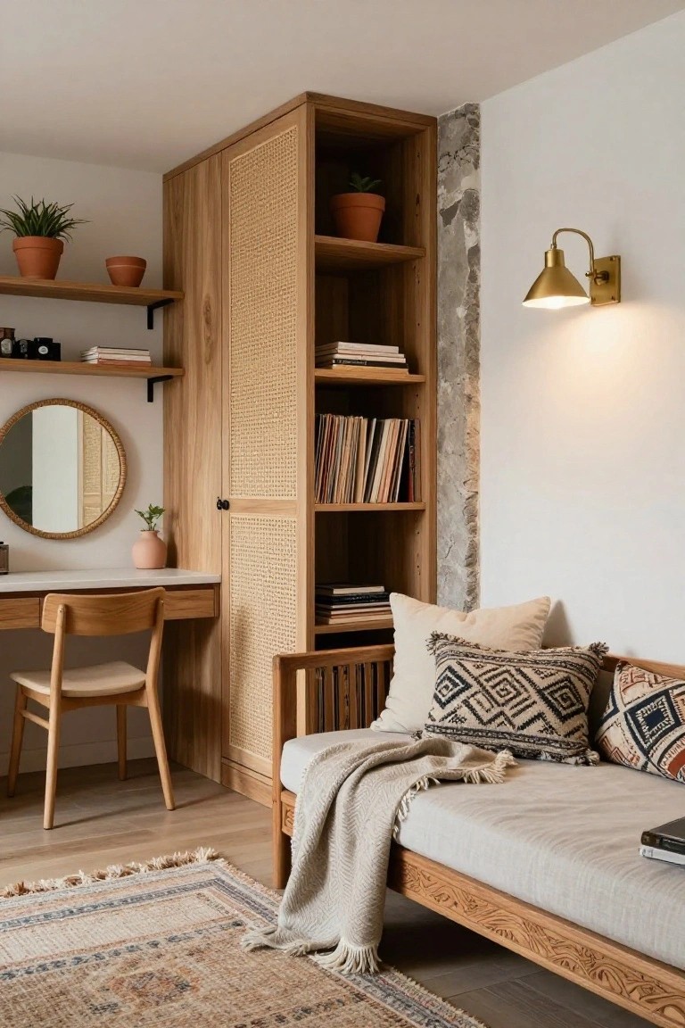 A light wood tall cabinet with rattan-paneled doors and open shelves holding books, records, and potted plants stands against a white wall next to a wooden desk with chair, round mirror, and low daybed with pillows and throw on a patterned rug.