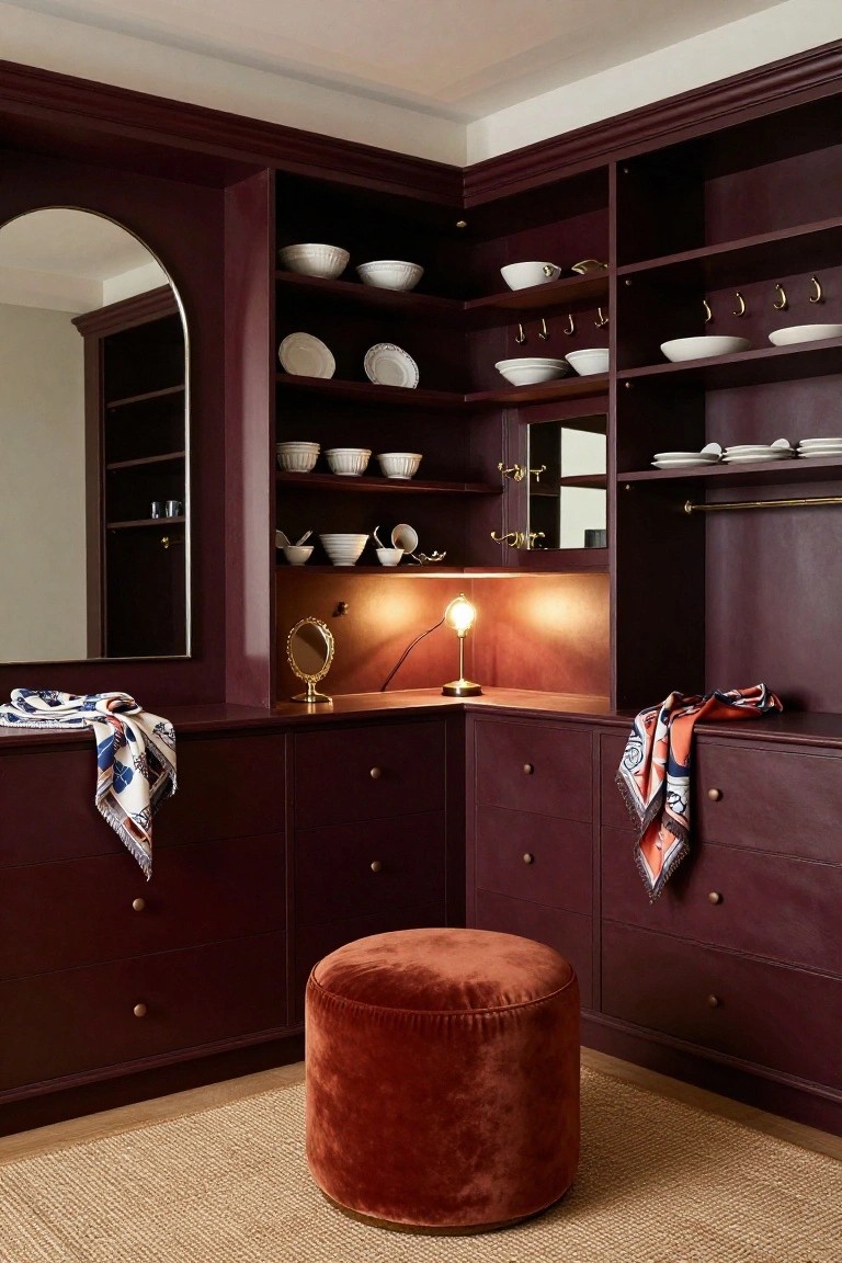 Corner built-in cabinetry painted deep maroon with open upper shelves holding white ceramic bowls plates and cups lower drawers arched mirror gold lamp draped scarves and orange velvet pouf on seagrass rug