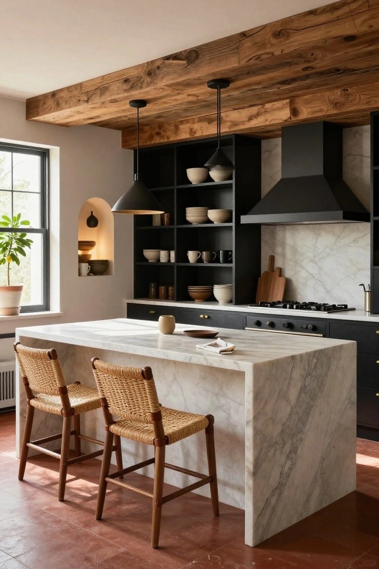 Modern kitchen with exposed rough wood beams on the ceiling, matte black cabinets and open shelving, white marble island with two rattan and wood bar stools, black range hood over gas cooktop, and arched niche beside a window.