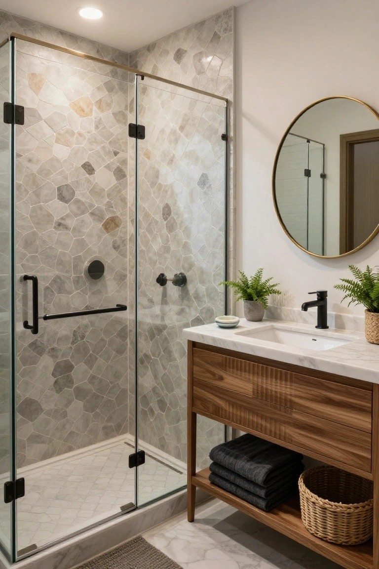 Modern bathroom with glass shower enclosure featuring beige and gray geometric tiles on walls, wood slatted vanity with white marble sink and black faucet, round gold mirror, plants, and towels on open shelves.