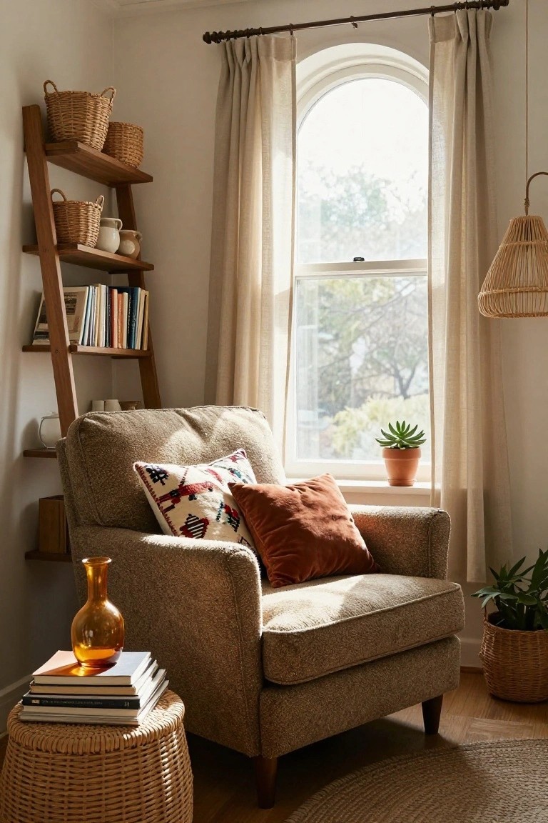 Beige armchair with patterned and rust pillows in a sunlit room corner next to a wooden ladder shelf holding woven baskets, books, ceramics, and plants, with a wicker stool beside it stacked with books and a orange glass vase, large arched window with sheer curtains, potted succulent on windowsill, and basket of greenery on floor.