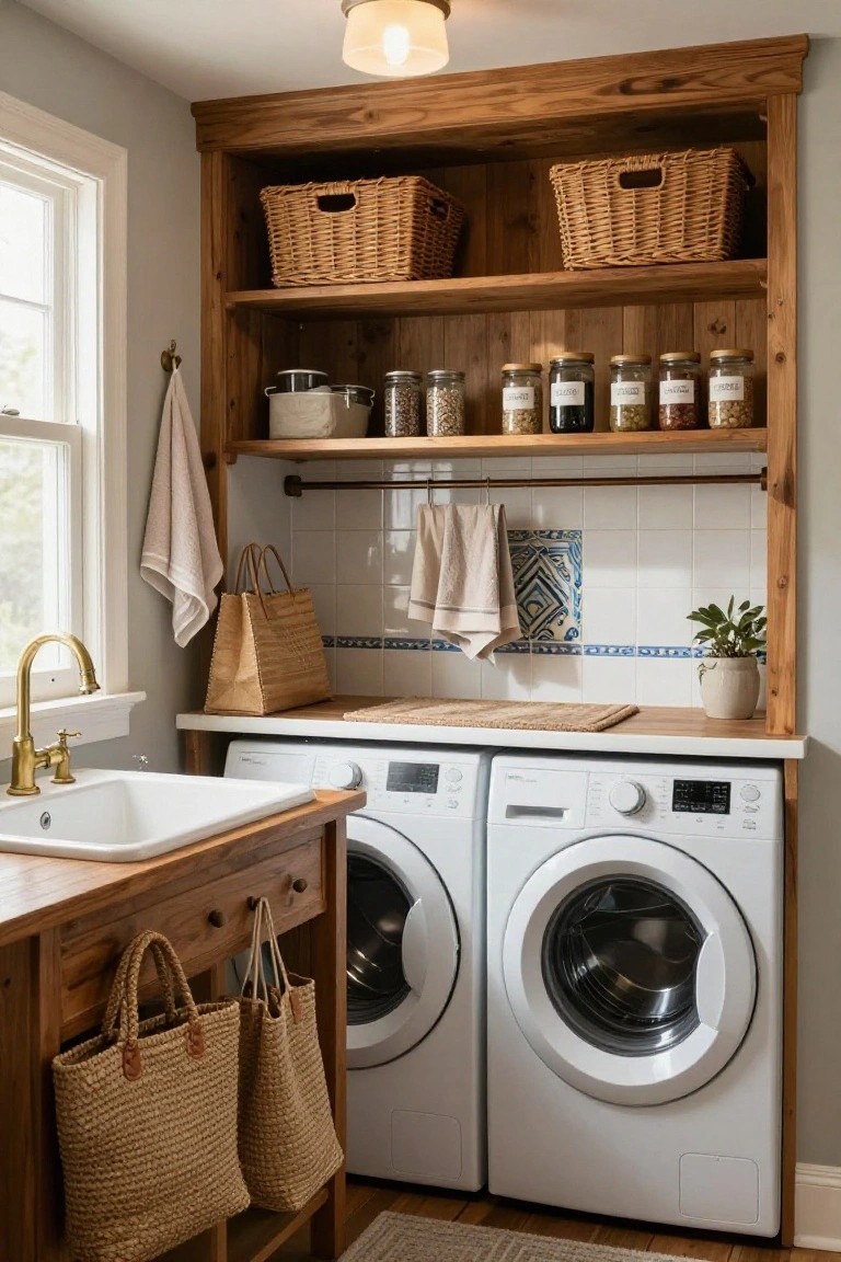 Laundry room with white front-loading washer and dryer integrated into wooden built-in cabinetry and open shelving stocked with wicker baskets, glass jars of spices, towels on rods, utility sink on wooden stand, and woven bags hanging nearby.