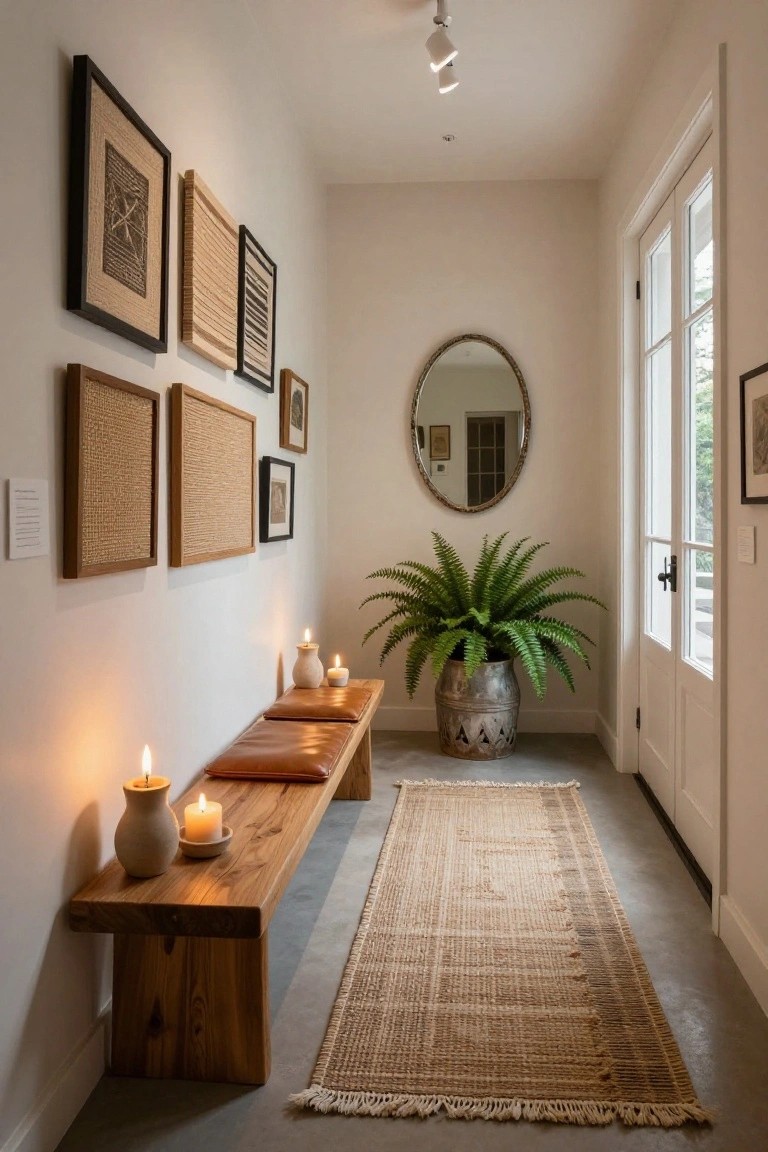 Narrow white interior hallway featuring a wooden bench with leather cushions and candles, a gallery wall of mixed woven and framed artwork, an oval mirror, a large fern in a galvanized pot, a seagrass runner rug, and French doors at the end.