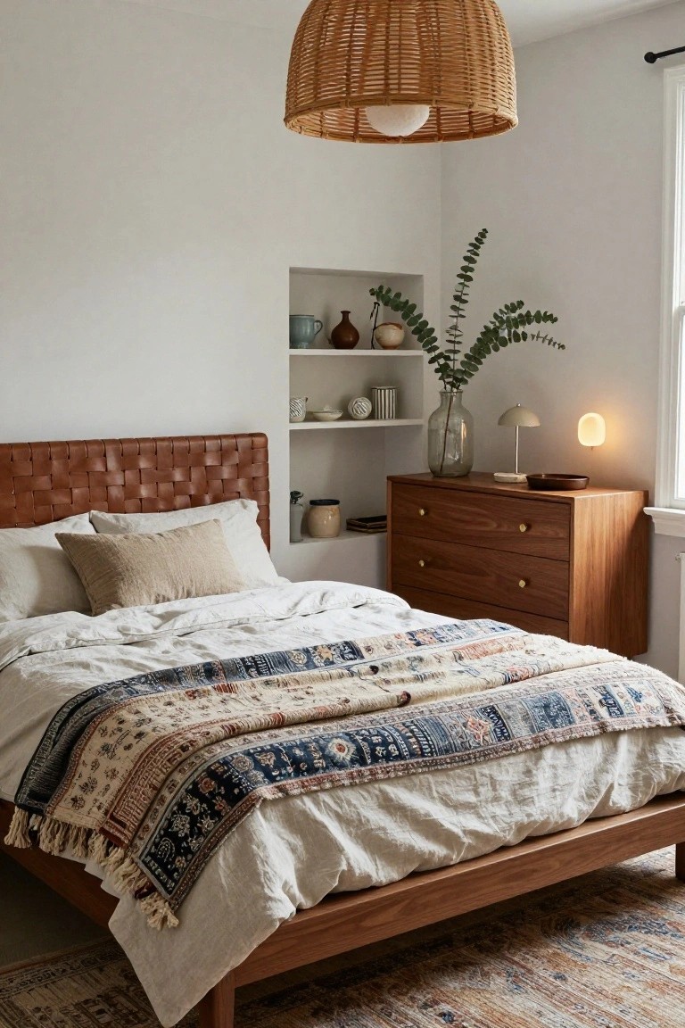 Bedroom with low wooden bed frame and tan braided leather headboard, topped with white sheets and multiple layered colorful patterned quilts and throws, wooden dresser nearby, wall niche shelves with plants and ceramics, rattan pendant light overhead, and soft lamp glow.