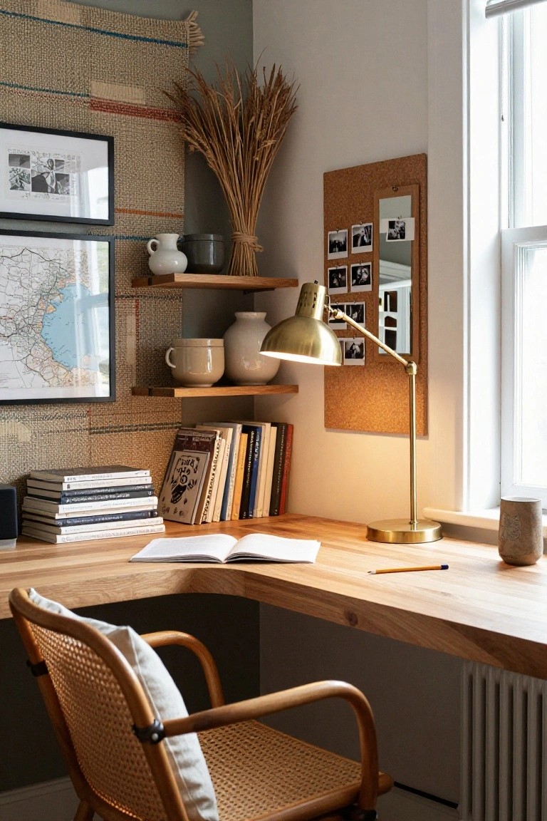 Cozy indoor workspace corner with L-shaped wooden desk, rattan chair with cushion, open wood shelves holding white ceramic pots and vessels plus dried wheat bundle, woven wall hanging, corkboard with pinned photos, stack of books, brass adjustable lamp, and mug on desk next to window.
