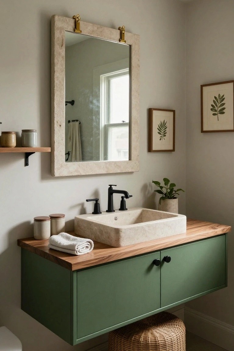 A modern bathroom with an olive green floating vanity topped in wood and a stone vessel sink, flanked by a large travertine-framed mirror, neutral walls, and a woven stool.