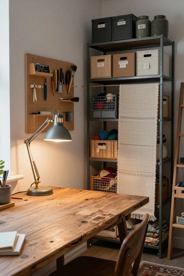 Corner room with wooden desk, pegboard wall holding tools and brushes, adjustable desk lamp, and tall metal shelving unit filled with labeled bins, yarn skeins, baskets, and hanging textiles.