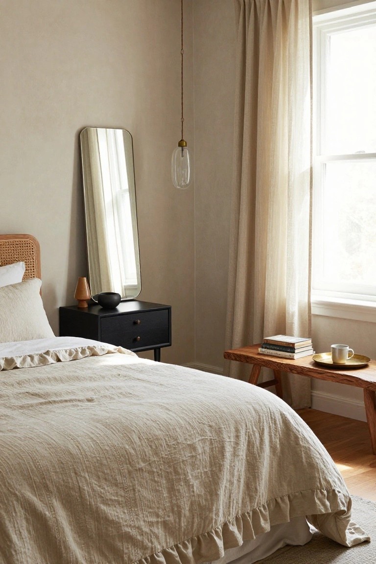 Bedroom corner with beige walls, rattan headboard bed draped in white textured ruffled bedding, black wooden nightstand with lamp and bowl, wooden bench holding stacked books and teacup on brass tray, tall slim mirror leaning on wall, pendant light, and sheer curtains over window.
