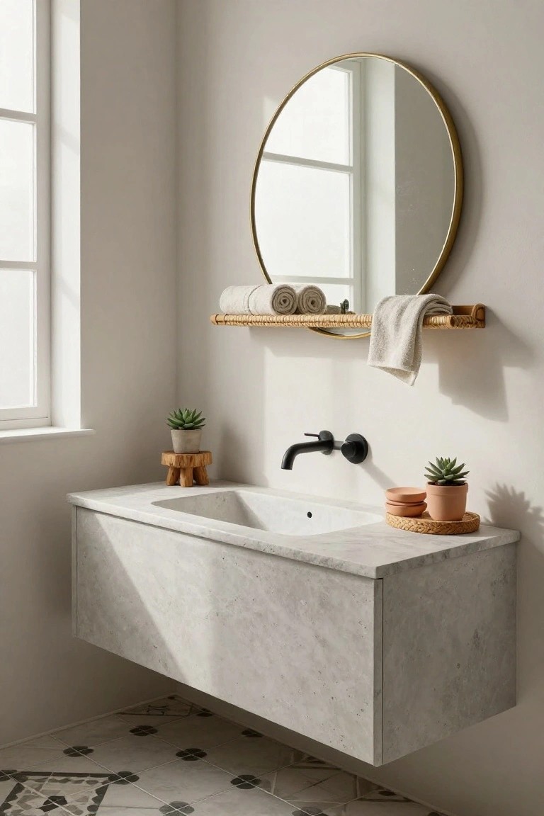 Modern bathroom with floating white marble vanity, matte black faucet, gold round mirror, rattan shelf holding rolled white towels, potted succulents on wood stool and counter, against white walls and black-and-white tiled floor.