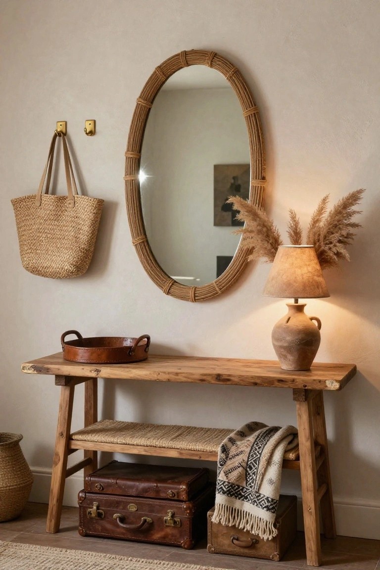 Light beige entryway with oval rattan mirror on wall, gold hooks holding woven bag, live-edge wooden bench console with woven seat cushion and draped throw blanket, leather suitcases and basket underneath, leather-handled tray on top, terracotta lamp with pampas grass, and woven basket on floor.