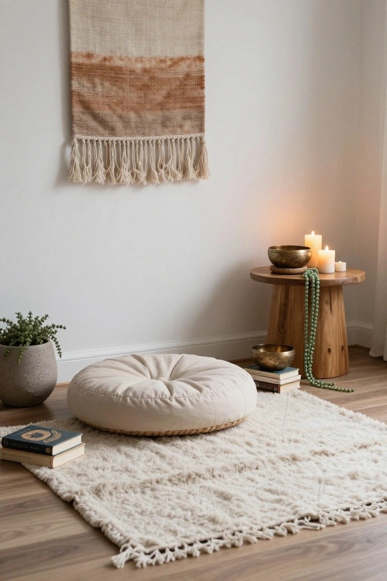 Corner of a white room with beige floor cushion on white shag rug, stacks of books, gray potted succulent, wooden stool holding brass singing bowls, white candles, green beads, and beige woven wall hanging.
