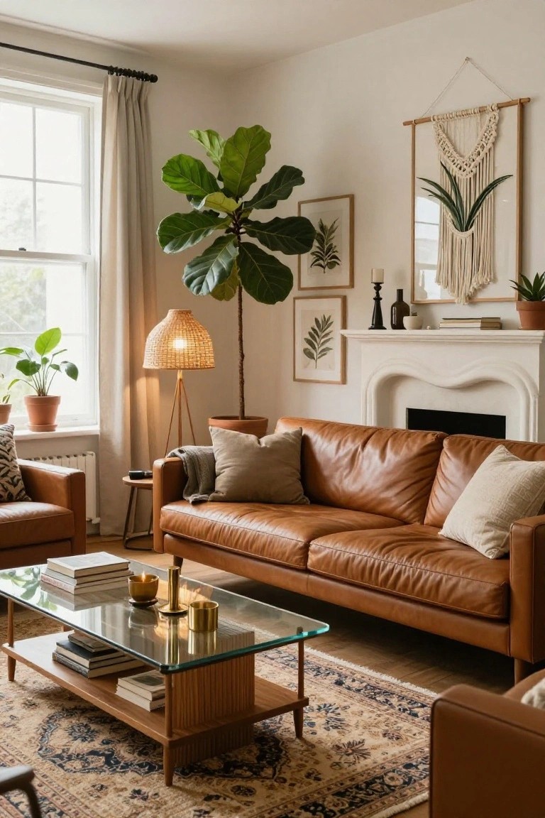 Tan Leather Sofas in Boho Living Rooms