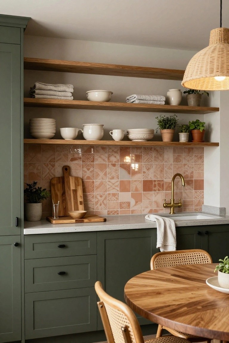 Kitchen interior with sage green cabinets, open oak shelves displaying white dishes, linens, and plants, terracotta patterned tile backsplash, gold faucet over white sink on quartz countertop, wooden cutting board, and round wooden table with rattan chairs.